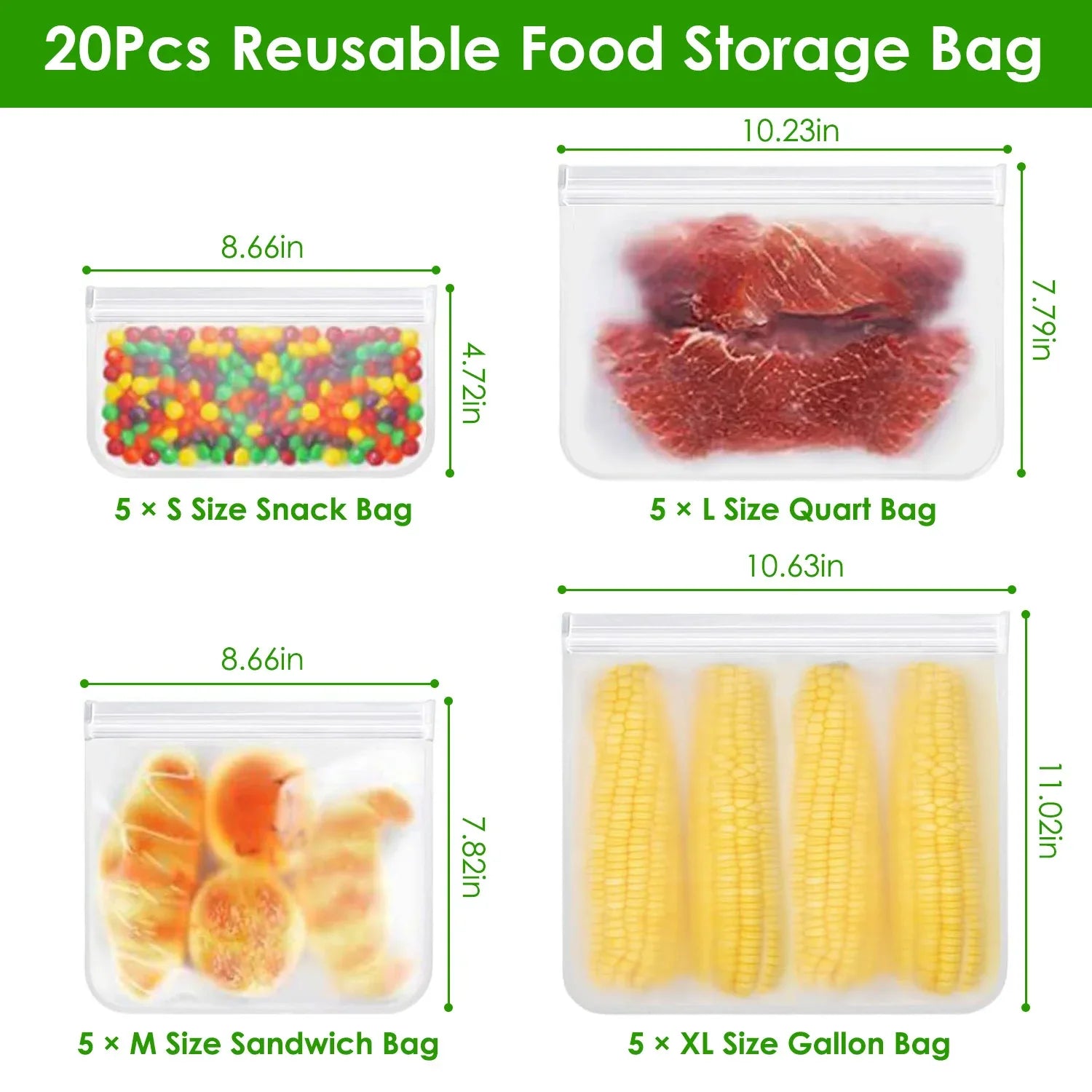 20-Piece Reusable Food Storage Bags Set – Leakproof, BPA-Free Sandwich, Snack, Quart & Gallon Bags – Freezer & Lunch Safe