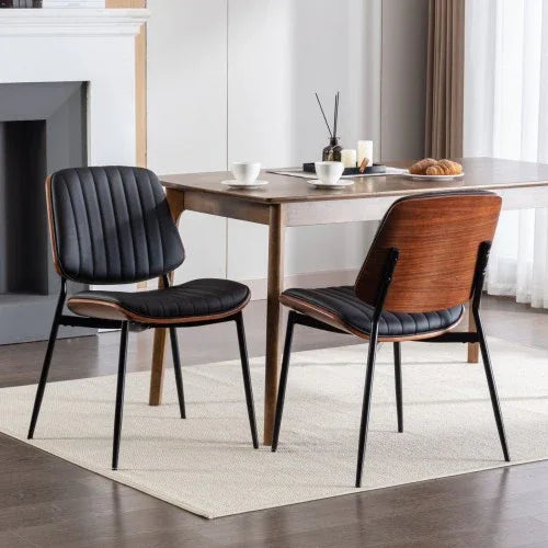 Mid-Century Modern Dining Chairs Set of 2 – Faux Leather Upholstered Seat with Walnut Bentwood Back & Metal Legs (Adjustable Feet)