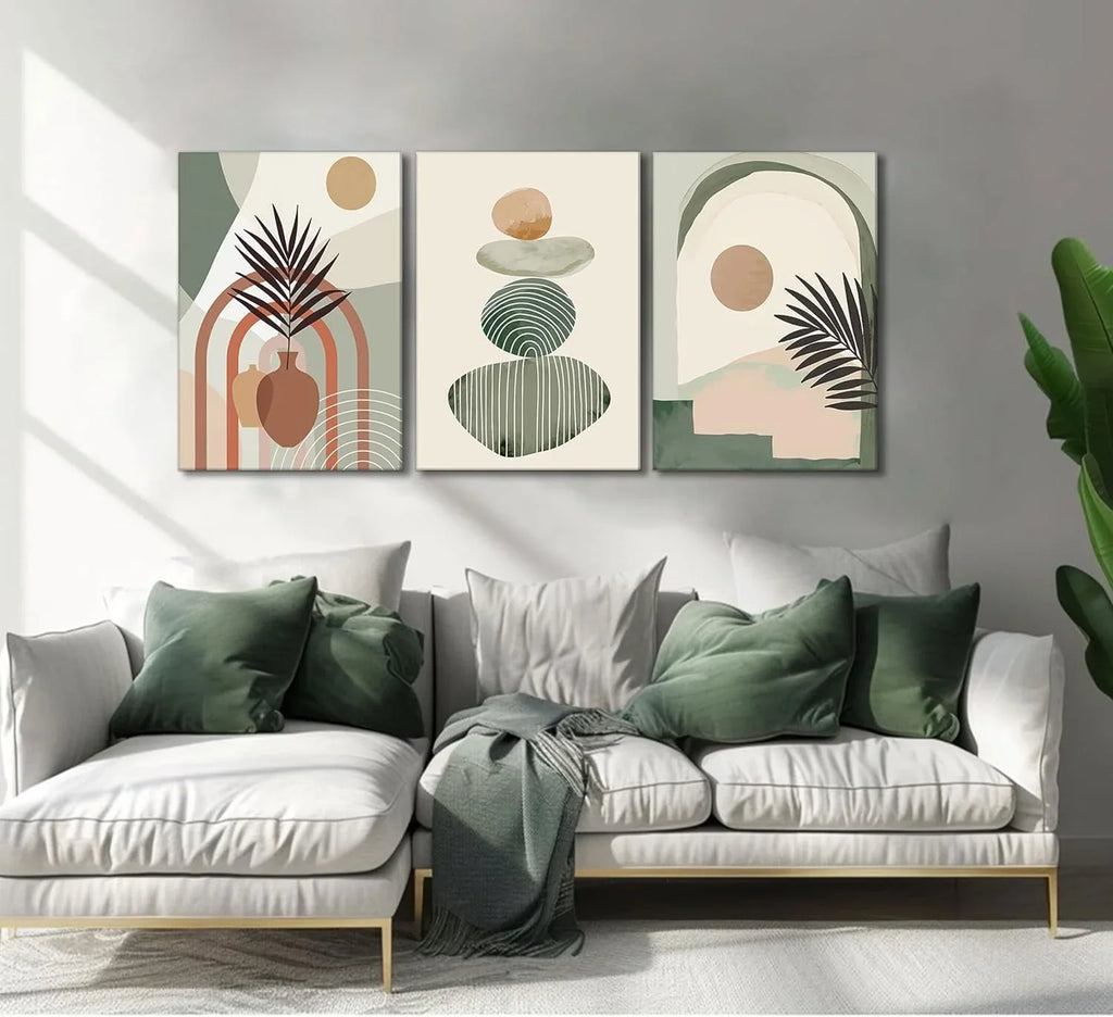 3-Piece Boho Canvas Wall Art Set – Framed 12x16” Minimalist Botanical & Abstract Decor (Ready to Hang)
