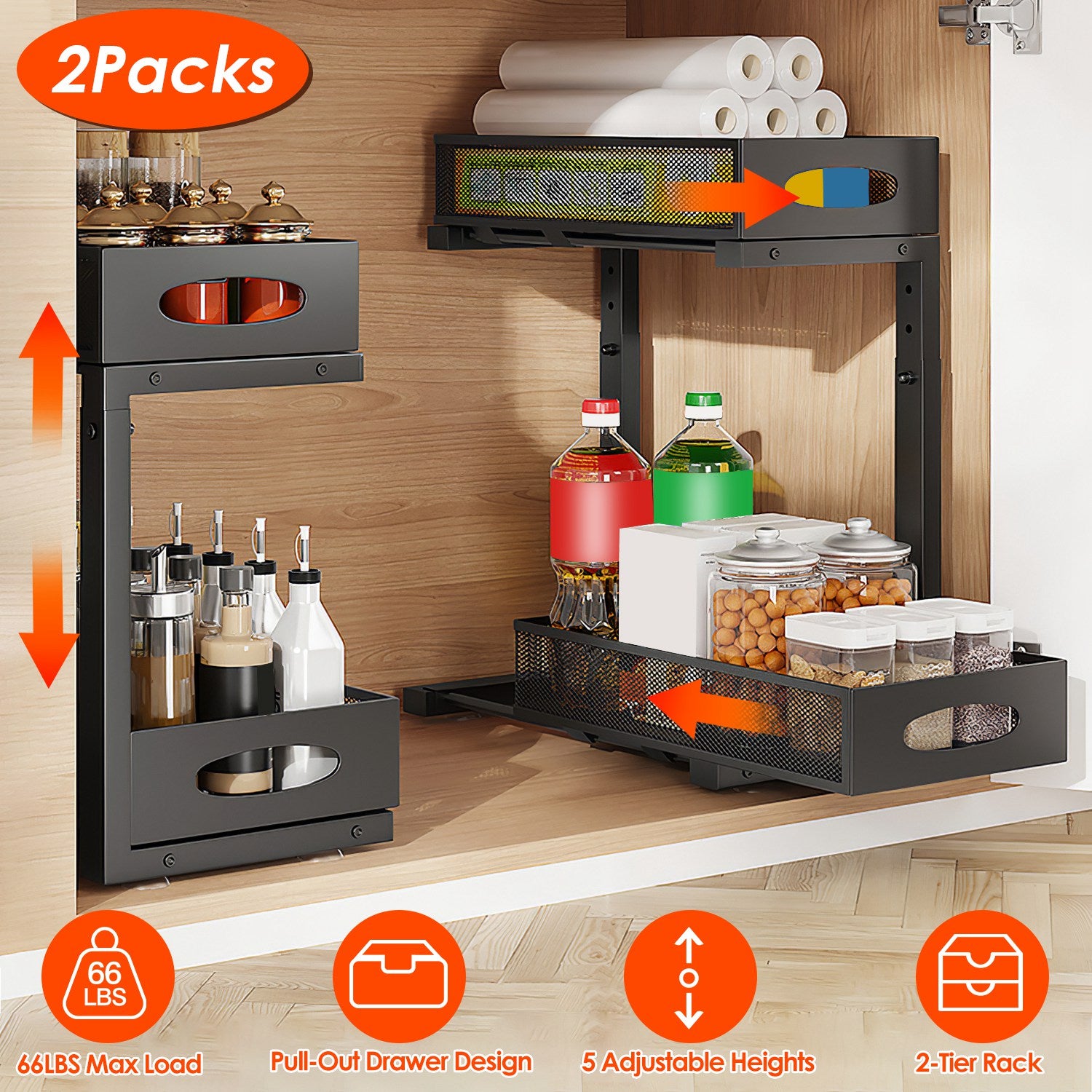 2-Tier Pull-Out Under-Sink Organizer – Adjustable Sliding Storage Rack with 5 Mesh Baskets for Kitchen, Bathroom & Office