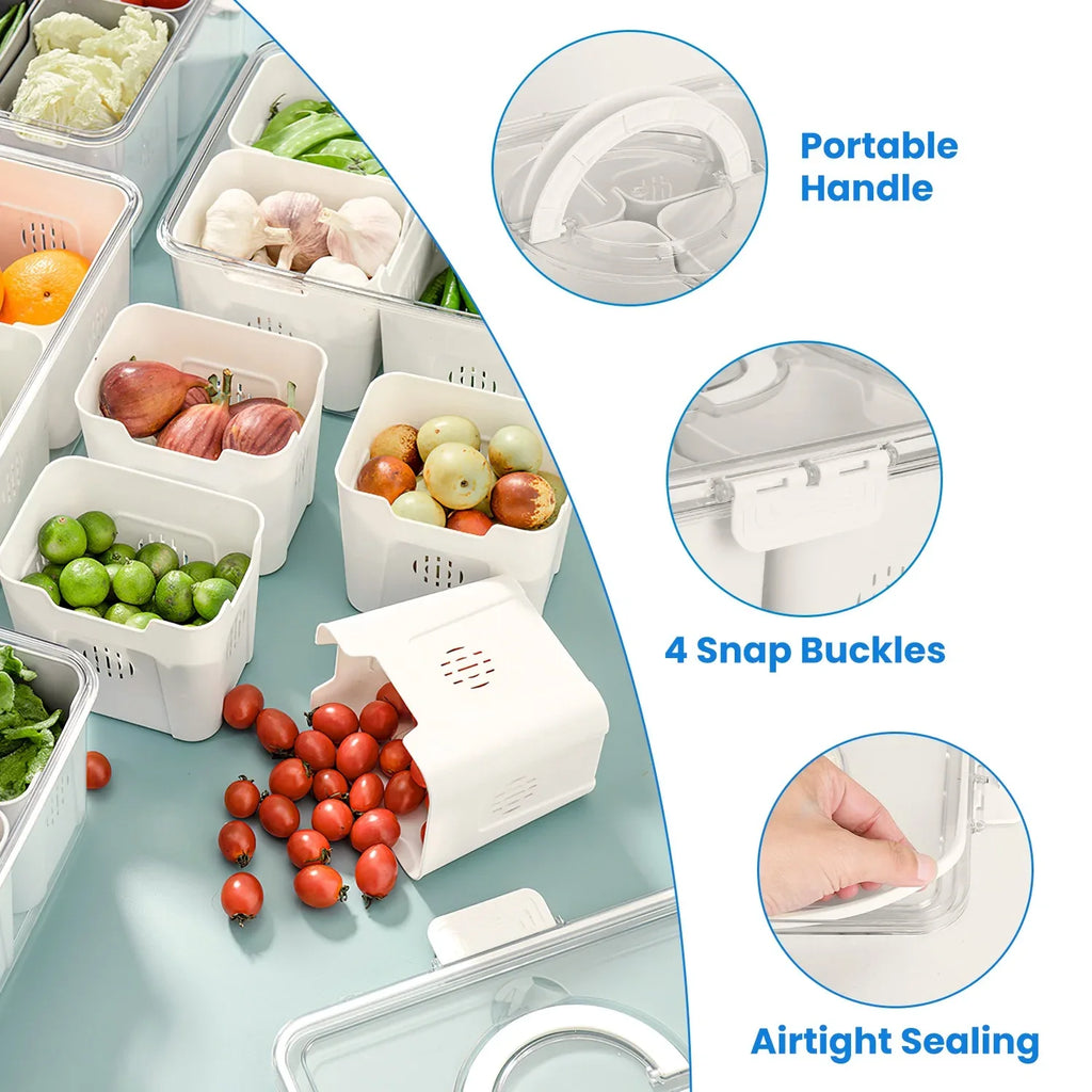 2-Pack Airtight 4-Compartment Fruit & Vegetable Storage Containers with 8 Removable Colanders – Leakproof Fridge & Picnic Organizer Set