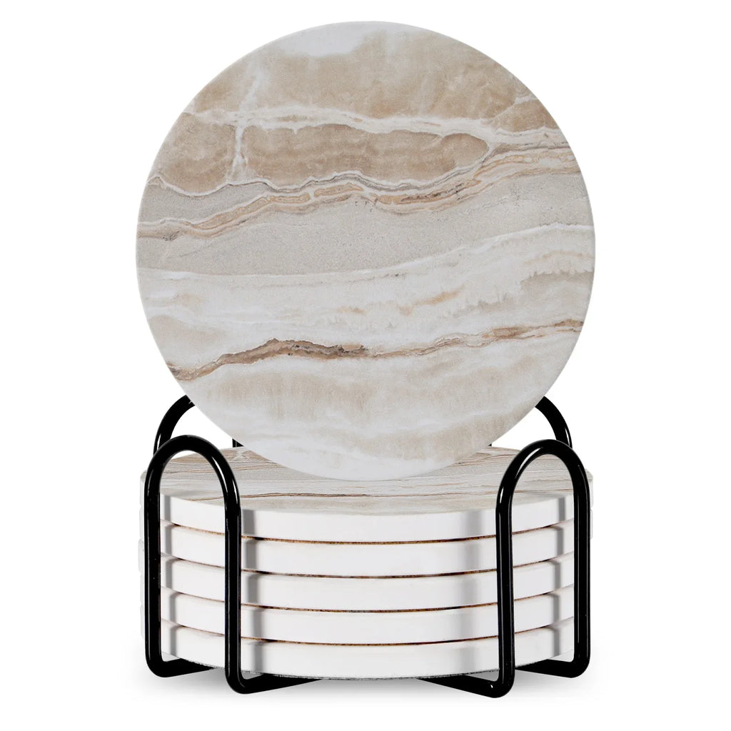 Stylish Set of 6 Round Ceramic Beverage Coasters with Metal Stand - Absorbent Marble Stone Design