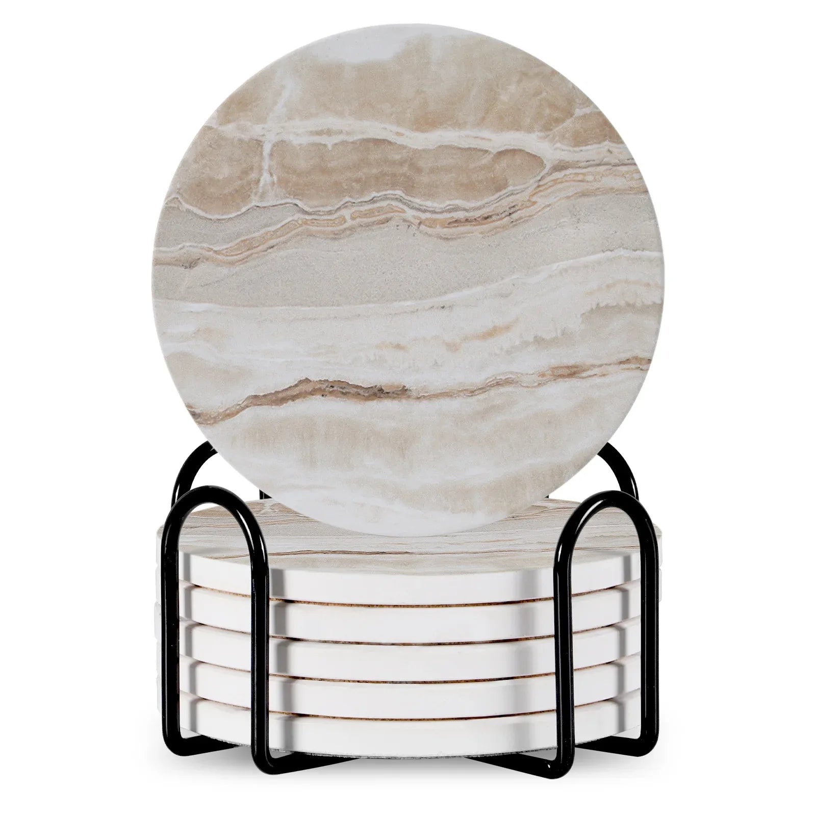 Stylish Set of 6 Round Ceramic Beverage Coasters with Metal Stand - Absorbent Marble Stone Design