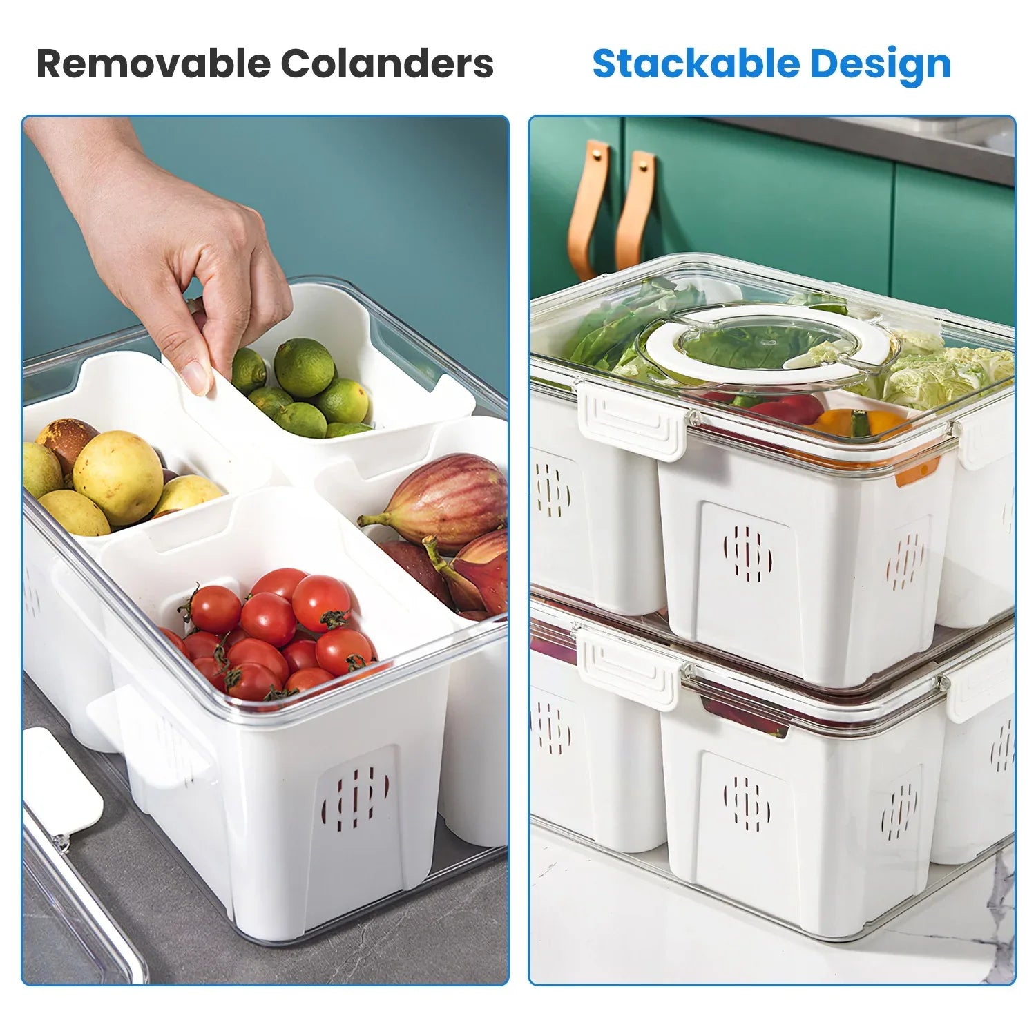 2-Pack Airtight 4-Compartment Fruit & Vegetable Storage Containers with 8 Removable Colanders – Leakproof Fridge & Picnic Organizer Set
