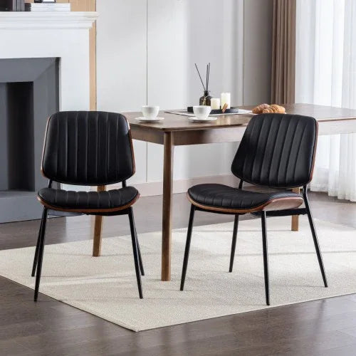 Mid-Century Modern Dining Chairs Set of 2 – Faux Leather Upholstered Seat with Walnut Bentwood Back & Metal Legs (Adjustable Feet)