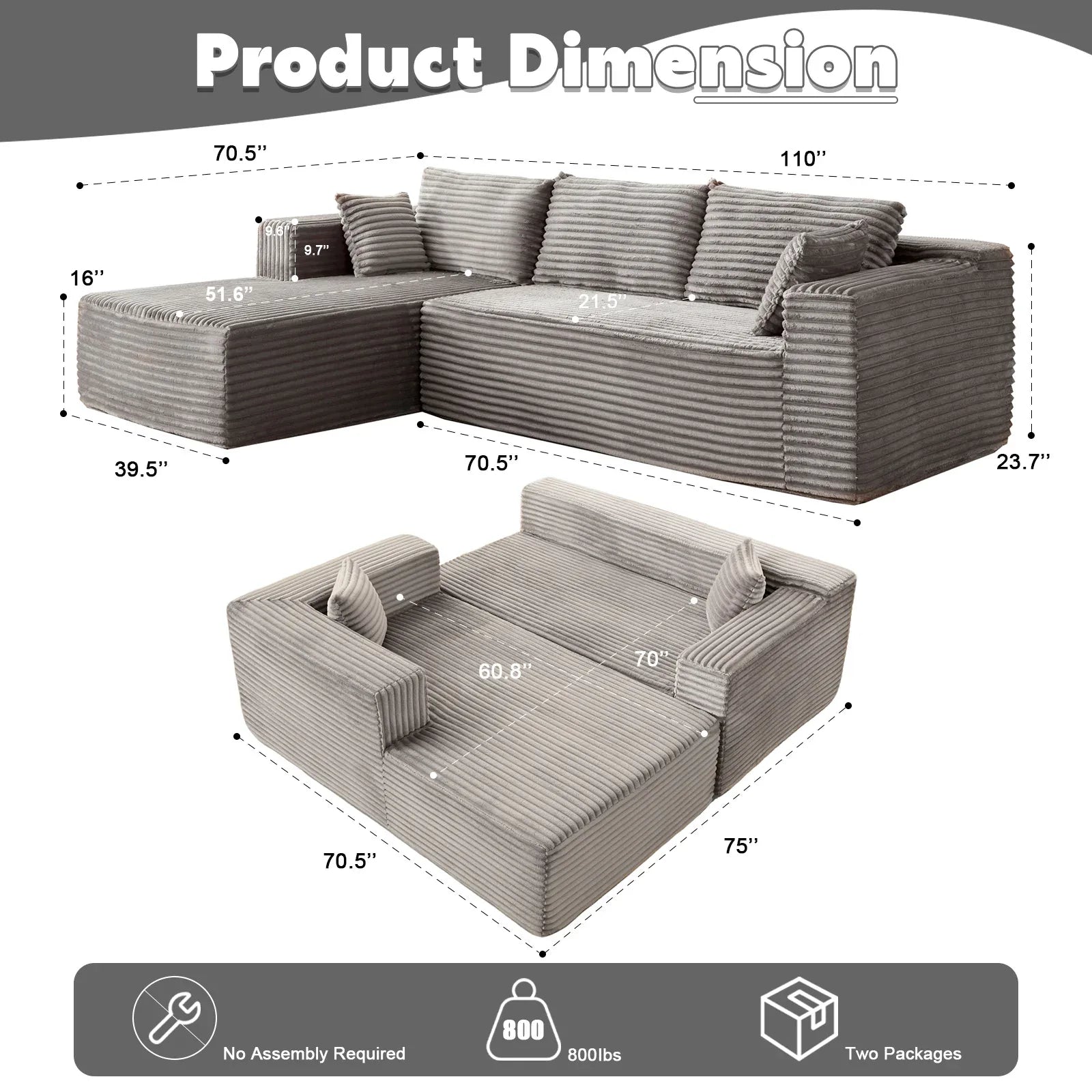 Modern Modular Sectional Sofa with Chaise – Deep Seat L-Shape Couch for Living Room & Bedroom
