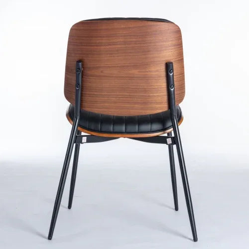 Mid-Century Modern Dining Chairs Set of 2 – Faux Leather Upholstered Seat with Walnut Bentwood Back & Metal Legs (Adjustable Feet)