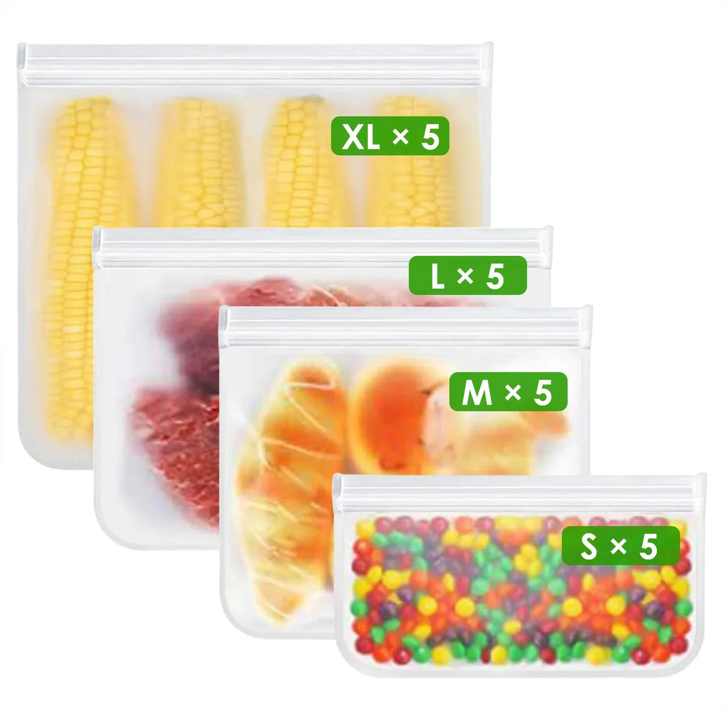 20-Piece Reusable Food Storage Bags Set – Leakproof, BPA-Free Sandwich, Snack, Quart & Gallon Bags – Freezer & Lunch Safe