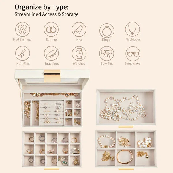 Top Visible White Storage Cabinet with 2 Drawers & Pink Velvet Jewelry Box – Home Organization & Jewelry Storage