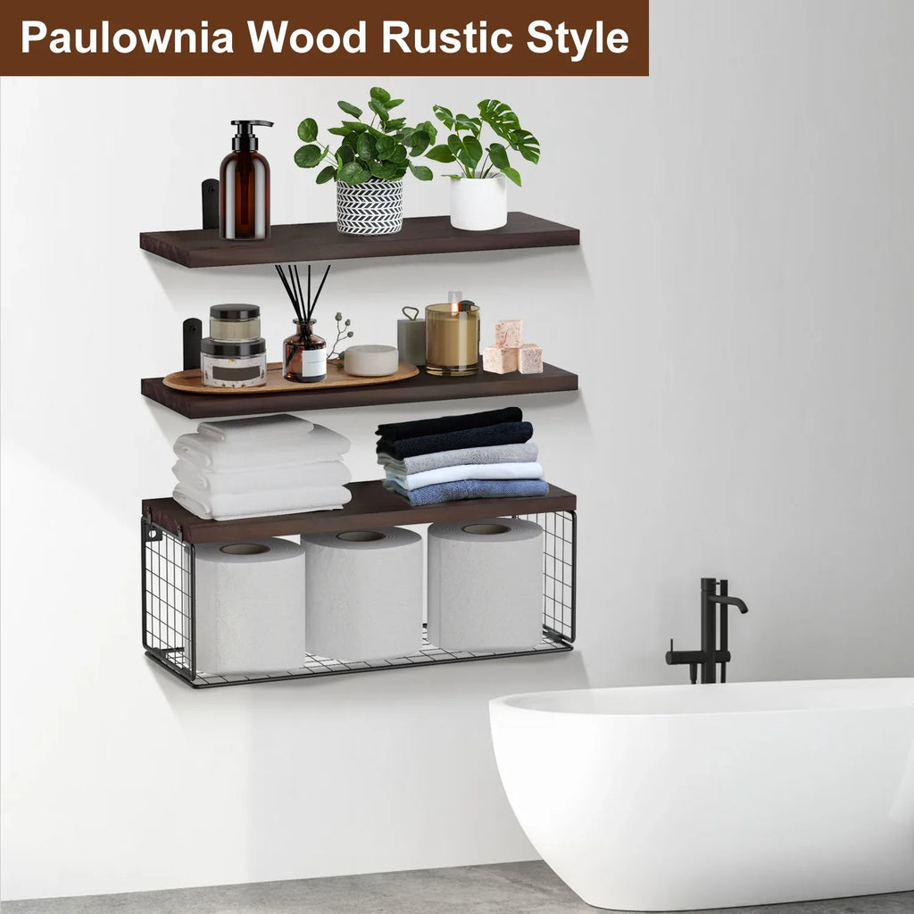 2-in-1 Floating Shelves with Storage Basket - Wall Mounted Wooden Shelves for Bathroom, Bedroom, Living Room, Kitchen, and Office - Perfect for Wall Decor and Plant Display