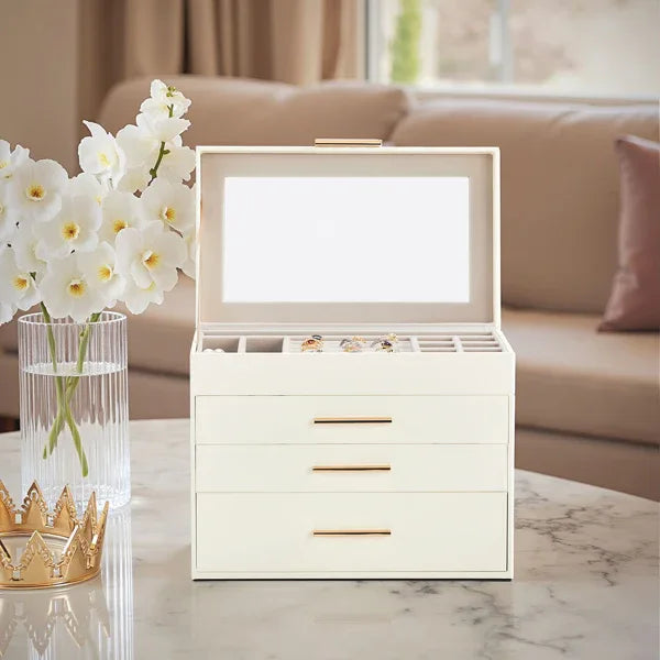 Top Visible White Storage Cabinet with 2 Drawers & Pink Velvet Jewelry Box – Home Organization & Jewelry Storage