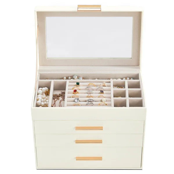 Top Visible White Storage Cabinet with 2 Drawers & Pink Velvet Jewelry Box – Home Organization & Jewelry Storage