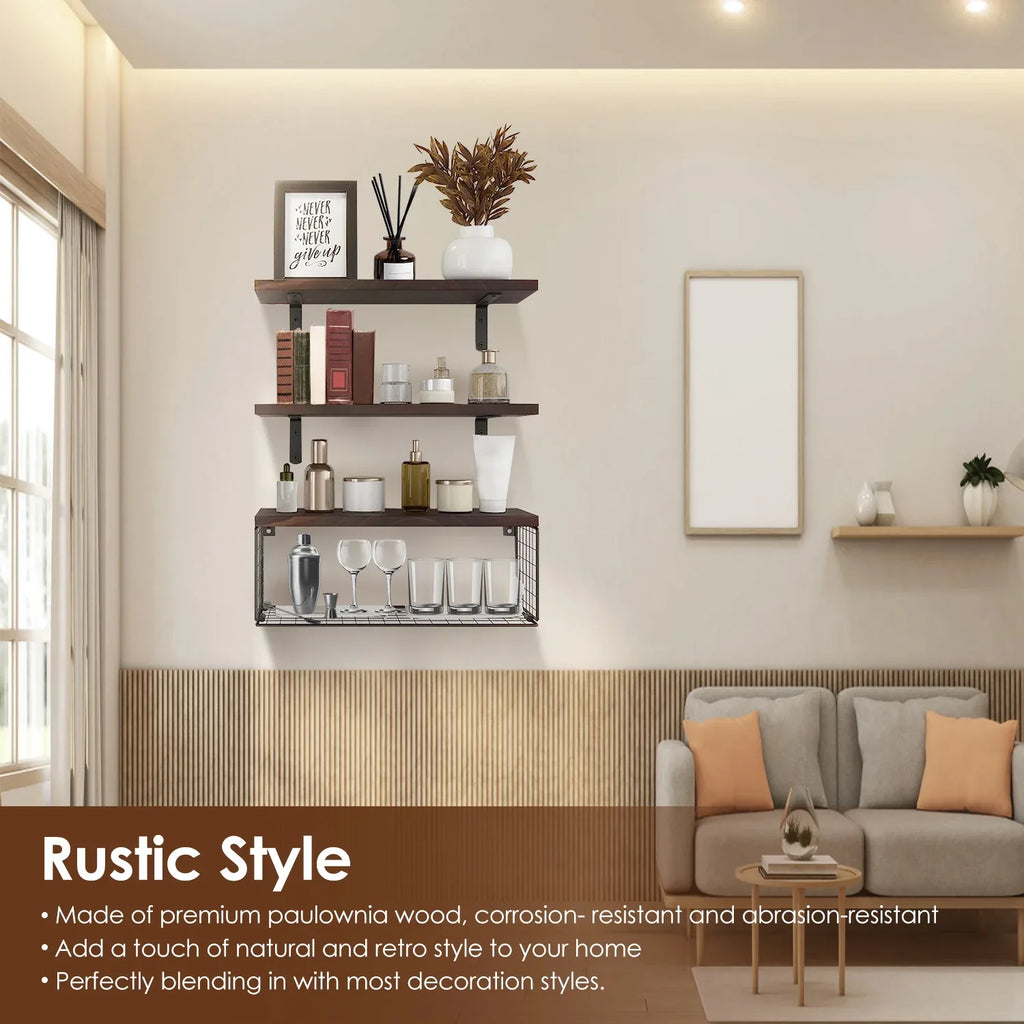 2-in-1 Floating Shelves with Storage Basket - Wall Mounted Wooden Shelves for Bathroom, Bedroom, Living Room, Kitchen, and Office - Perfect for Wall Decor and Plant Display