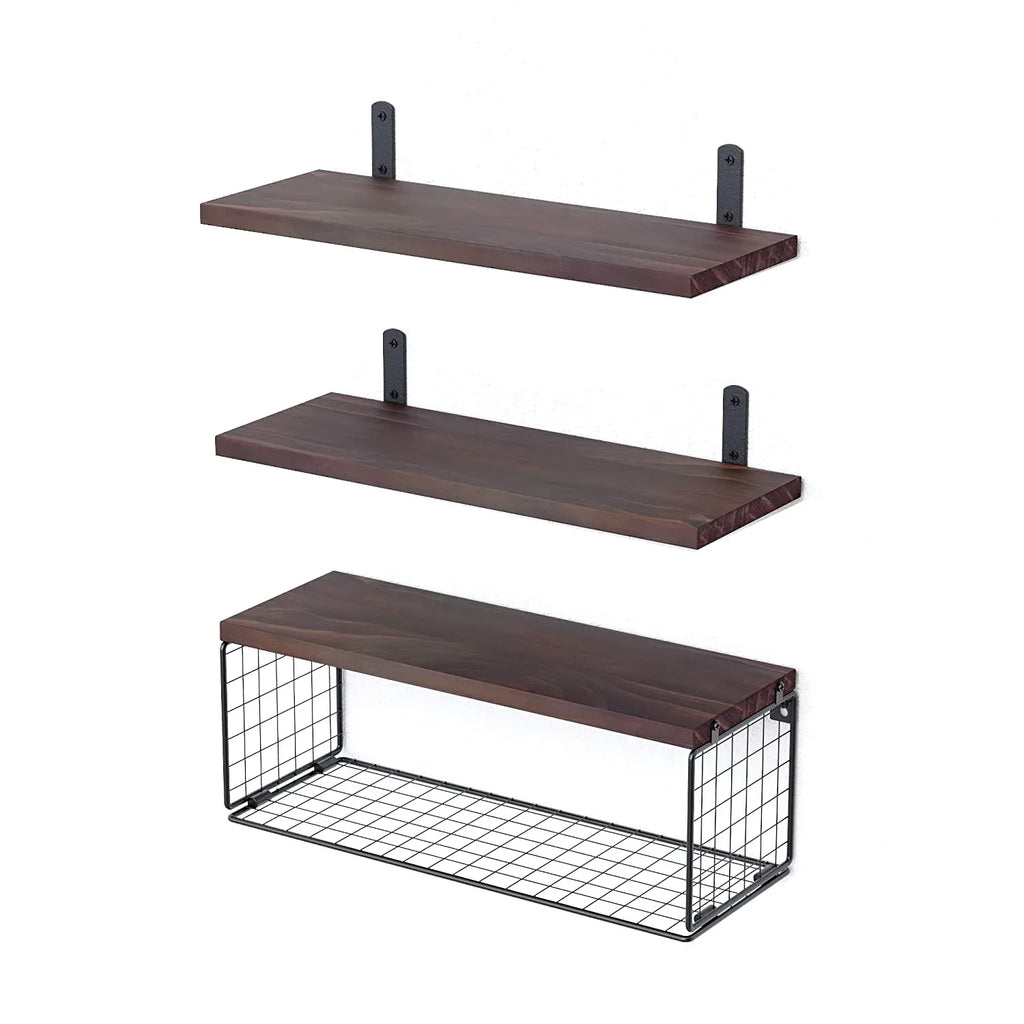 2-in-1 Floating Shelves with Storage Basket - Wall Mounted Wooden Shelves for Bathroom, Bedroom, Living Room, Kitchen, and Office - Perfect for Wall Decor and Plant Display