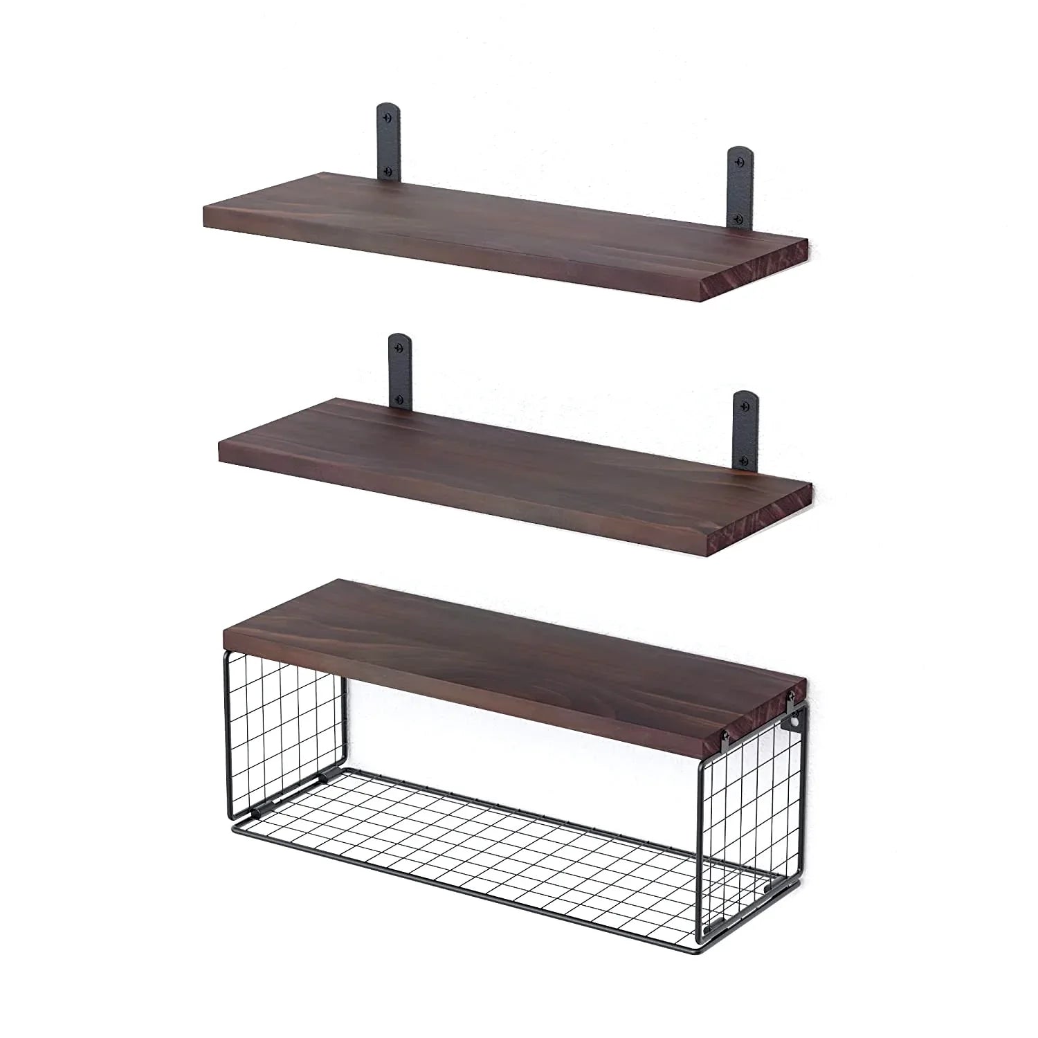 2-in-1 Floating Shelves with Storage Basket - Wall Mounted Wooden Shelves for Bathroom, Bedroom, Living Room, Kitchen, and Office - Perfect for Wall Decor and Plant Display