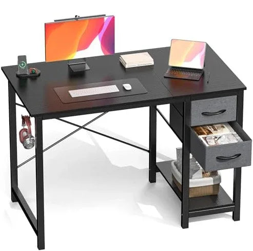 Modern Wooden Computer Desk with Adjustable Drawers & Side Hooks – Study & Workstation Table