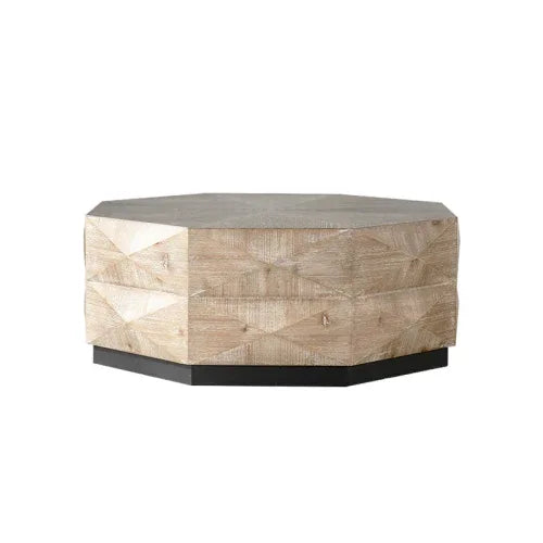 38” Octagon Retro Wood Coffee Table – 3D Embossed Rustic Center Table with Geometric Design for Living Room