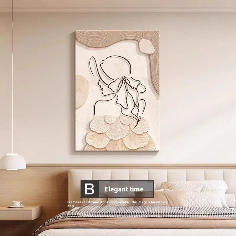 Cream Style Abstract Line Canvas Wall Art – Minimalist Character Mural Boho Modern Home Décor