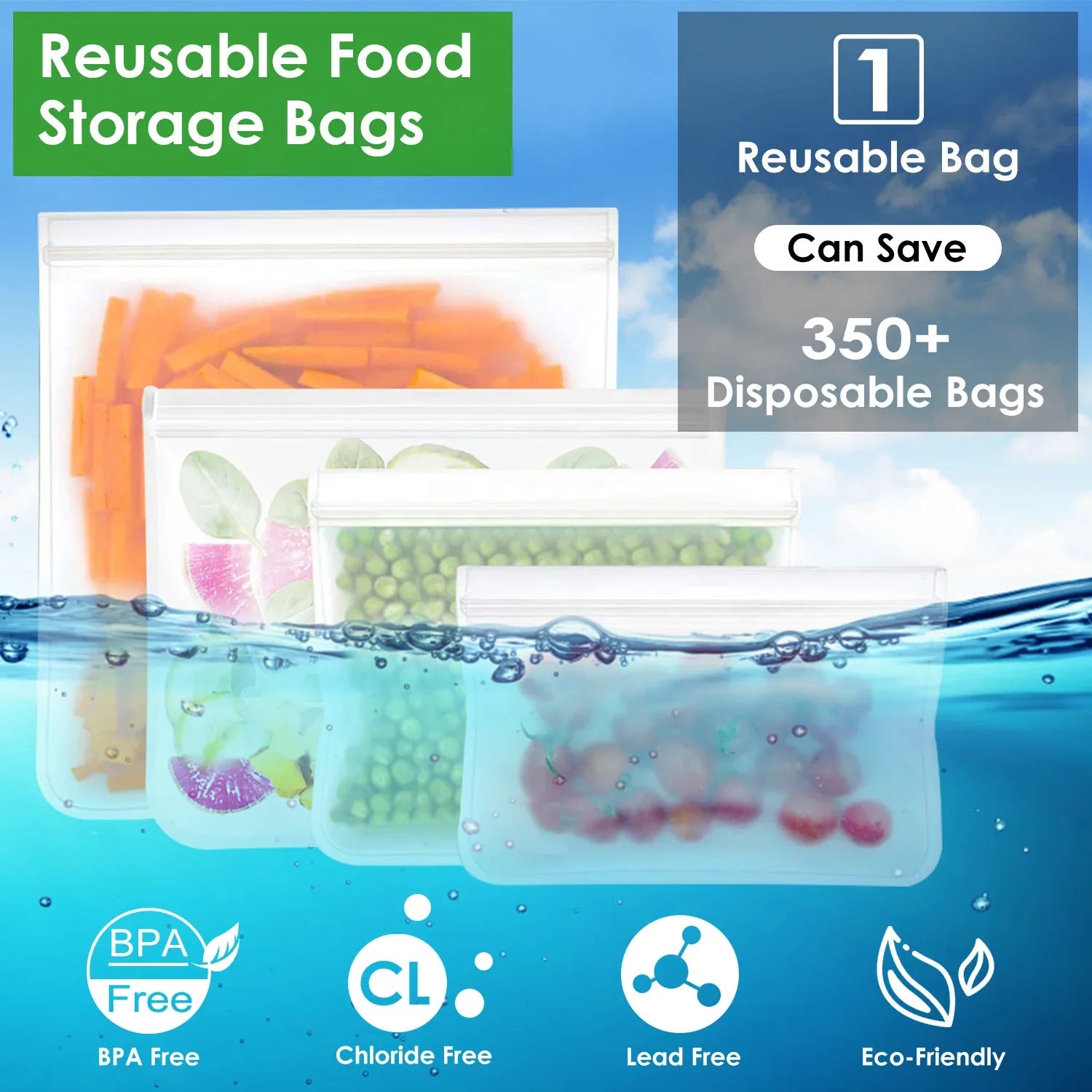 20-Piece Reusable Food Storage Bags Set – Leakproof, BPA-Free Sandwich, Snack, Quart & Gallon Bags – Freezer & Lunch Safe