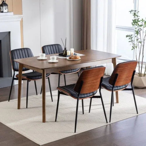 Mid-Century Modern Dining Chairs Set of 2 – Faux Leather Upholstered Seat with Walnut Bentwood Back & Metal Legs (Adjustable Feet)