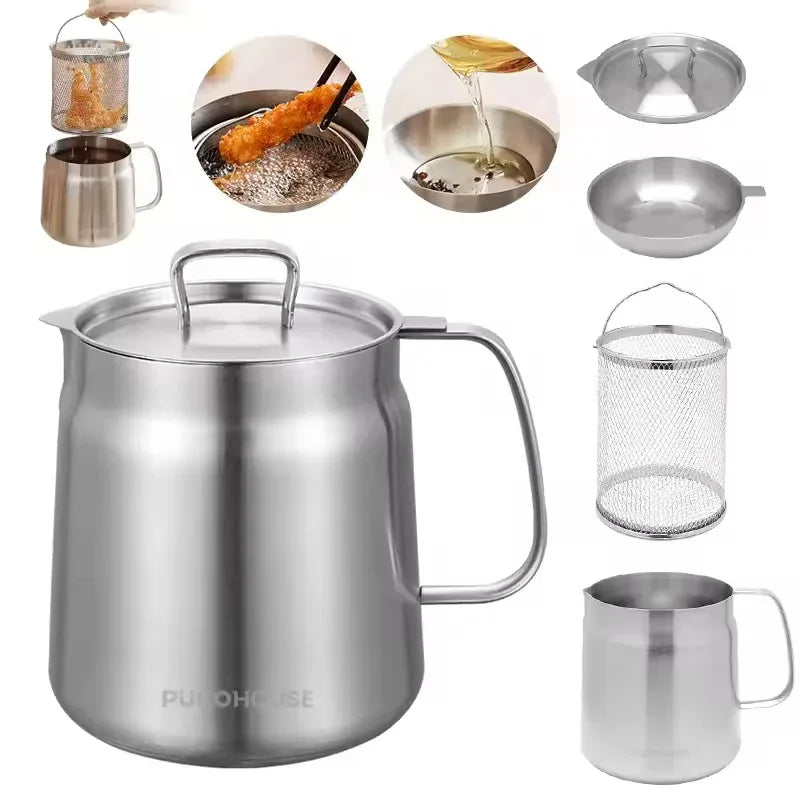 2L Stainless Steel Oil Filter Pot with Fine Mesh Strainer & Frying Basket – Multi-Function Oil Storage & Grease Container