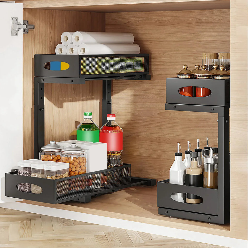 2-Tier Pull-Out Under-Sink Organizer – Adjustable Sliding Storage Rack with 5 Mesh Baskets for Kitchen, Bathroom & Office