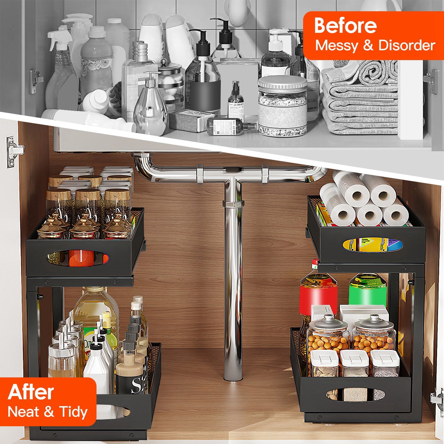 2-Tier Pull-Out Under-Sink Organizer – Adjustable Sliding Storage Rack with 5 Mesh Baskets for Kitchen, Bathroom & Office