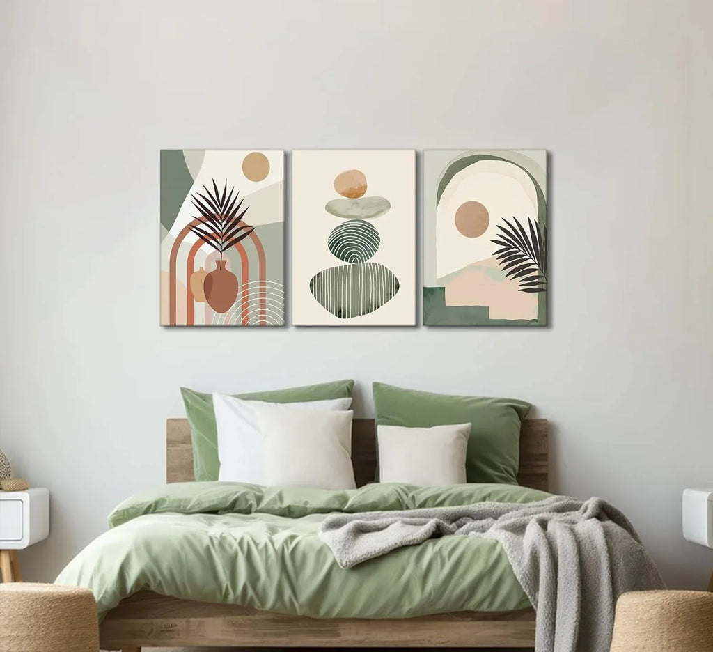 3-Piece Boho Canvas Wall Art Set – Framed 12x16” Minimalist Botanical & Abstract Decor (Ready to Hang)