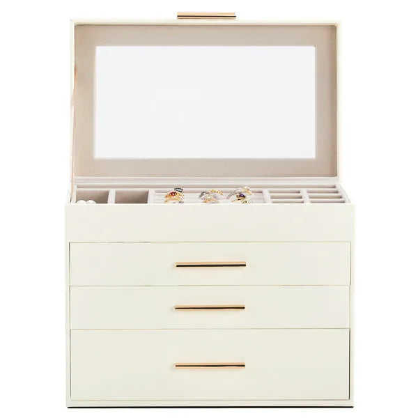 Top Visible White Storage Cabinet with 2 Drawers & Pink Velvet Jewelry Box – Home Organization & Jewelry Storage