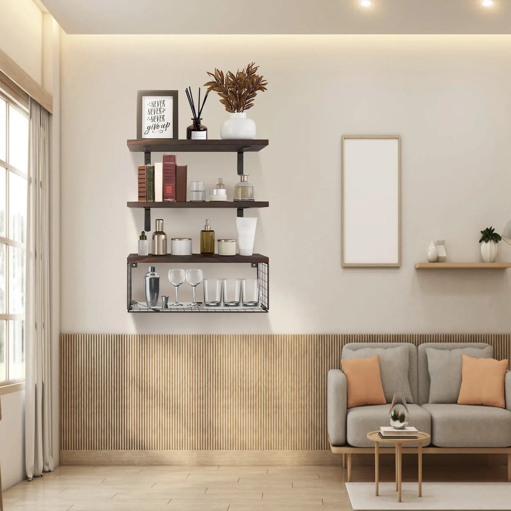 2-in-1 Floating Shelves with Storage Basket - Wall Mounted Wooden Shelves for Bathroom, Bedroom, Living Room, Kitchen, and Office - Perfect for Wall Decor and Plant Display