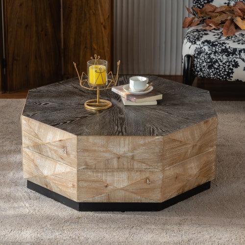 38” Octagon Retro Wood Coffee Table – 3D Embossed Rustic Center Table with Geometric Design for Living Room