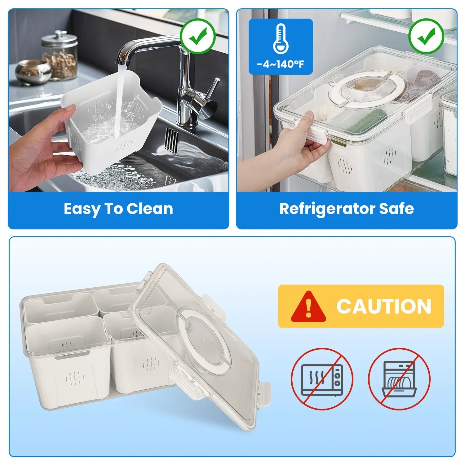 2-Pack Airtight 4-Compartment Fruit & Vegetable Storage Containers with 8 Removable Colanders – Leakproof Fridge & Picnic Organizer Set