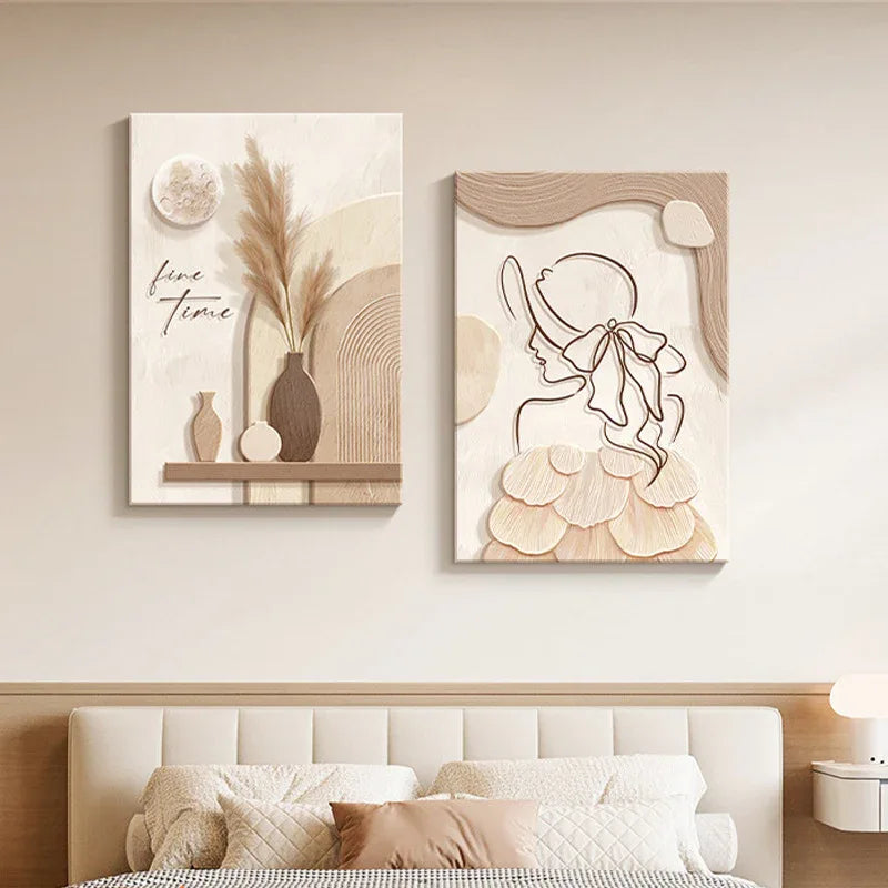 Cream Style Abstract Line Canvas Wall Art – Minimalist Character Mural Boho Modern Home Décor