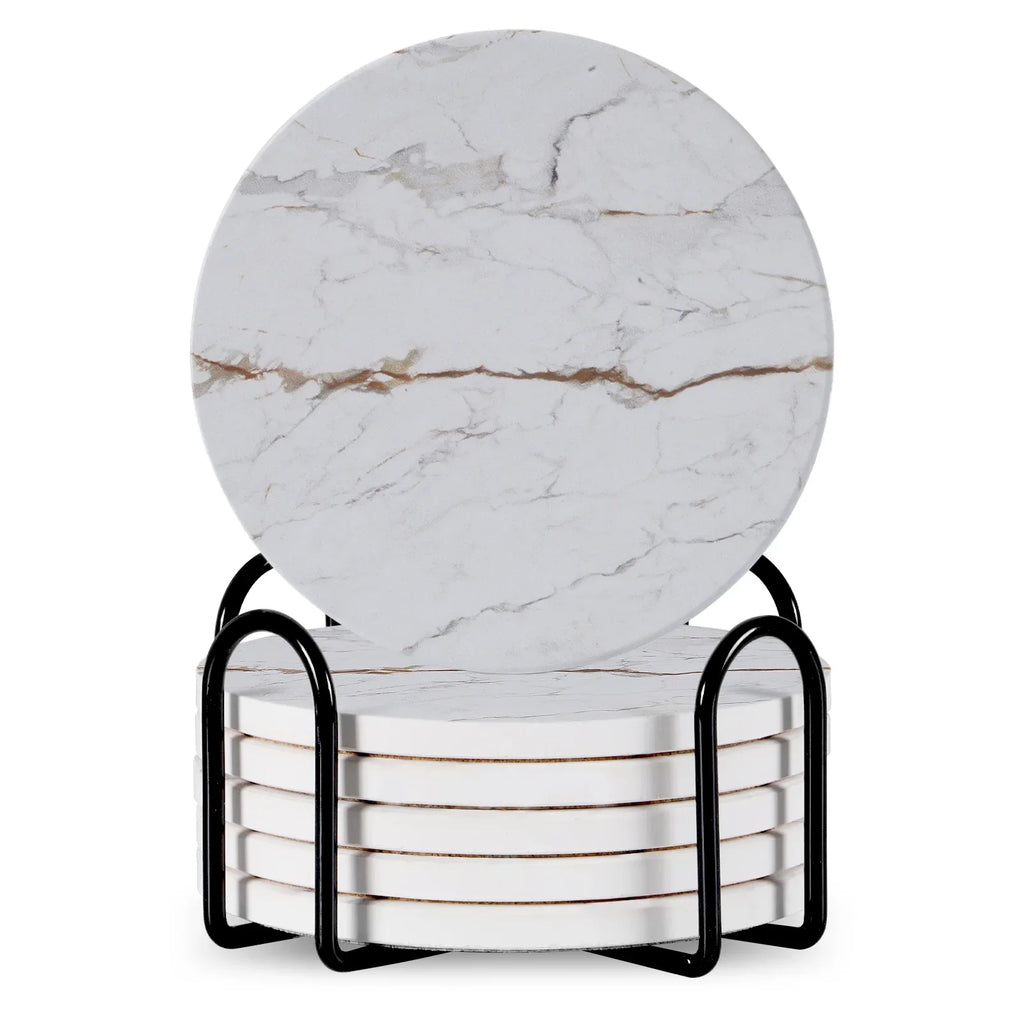 Stylish Set of 6 Round Ceramic Beverage Coasters with Metal Stand - Absorbent Marble Stone Design