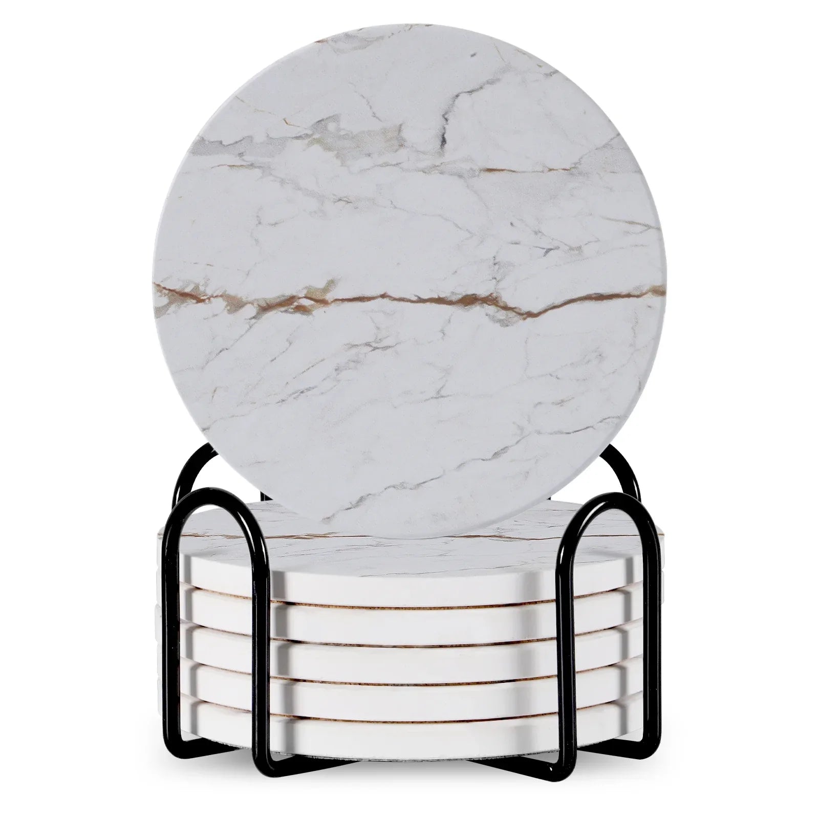 Stylish Set of 6 Round Ceramic Beverage Coasters with Metal Stand - Absorbent Marble Stone Design