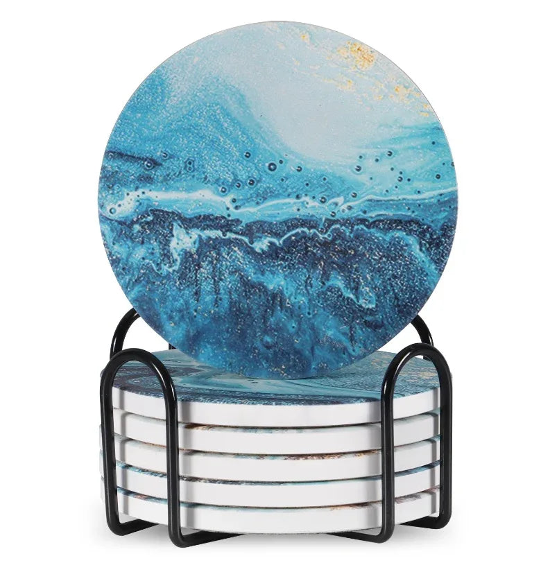 Stylish Set of 6 Round Ceramic Beverage Coasters with Metal Stand - Absorbent Marble Stone Design