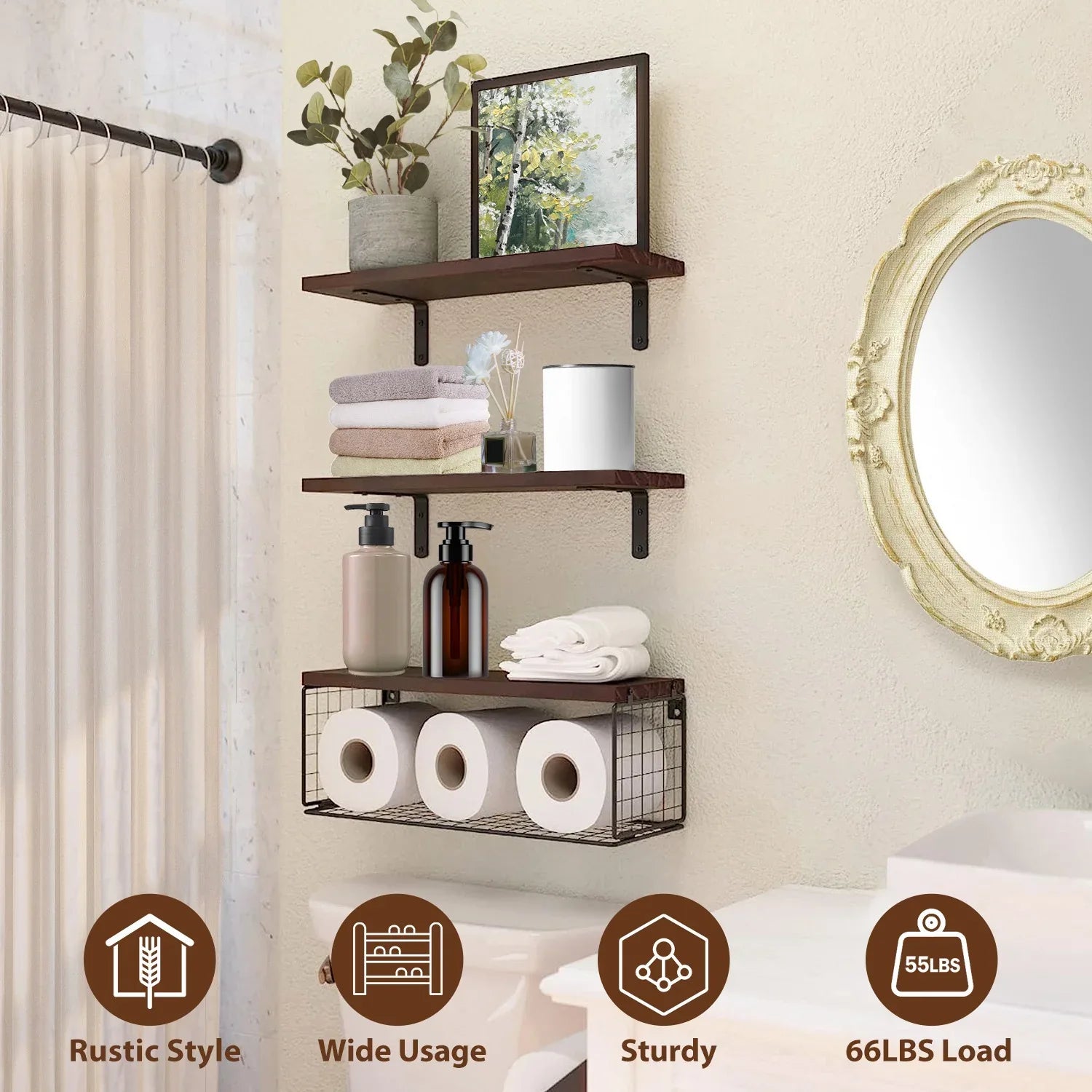 2-in-1 Floating Shelves with Storage Basket - Wall Mounted Wooden Shelves for Bathroom, Bedroom, Living Room, Kitchen, and Office - Perfect for Wall Decor and Plant Display