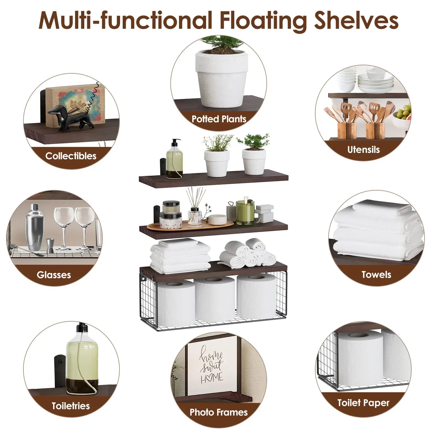2-in-1 Floating Shelves with Storage Basket - Wall Mounted Wooden Shelves for Bathroom, Bedroom, Living Room, Kitchen, and Office - Perfect for Wall Decor and Plant Display