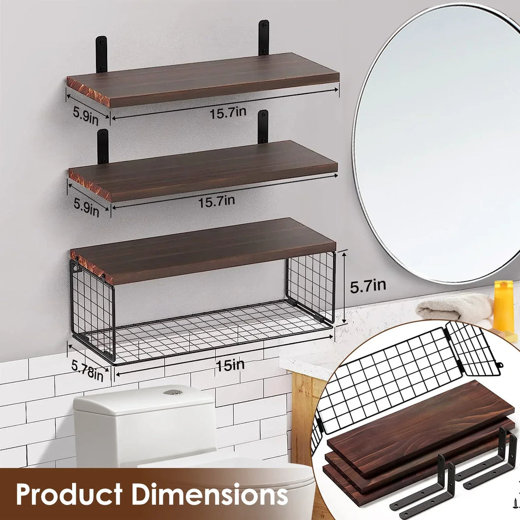 2-in-1 Floating Shelves with Storage Basket - Wall Mounted Wooden Shelves for Bathroom, Bedroom, Living Room, Kitchen, and Office - Perfect for Wall Decor and Plant Display