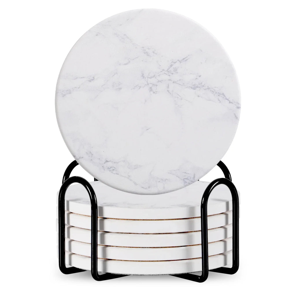 Stylish Set of 6 Round Ceramic Beverage Coasters with Metal Stand - Absorbent Marble Stone Design
