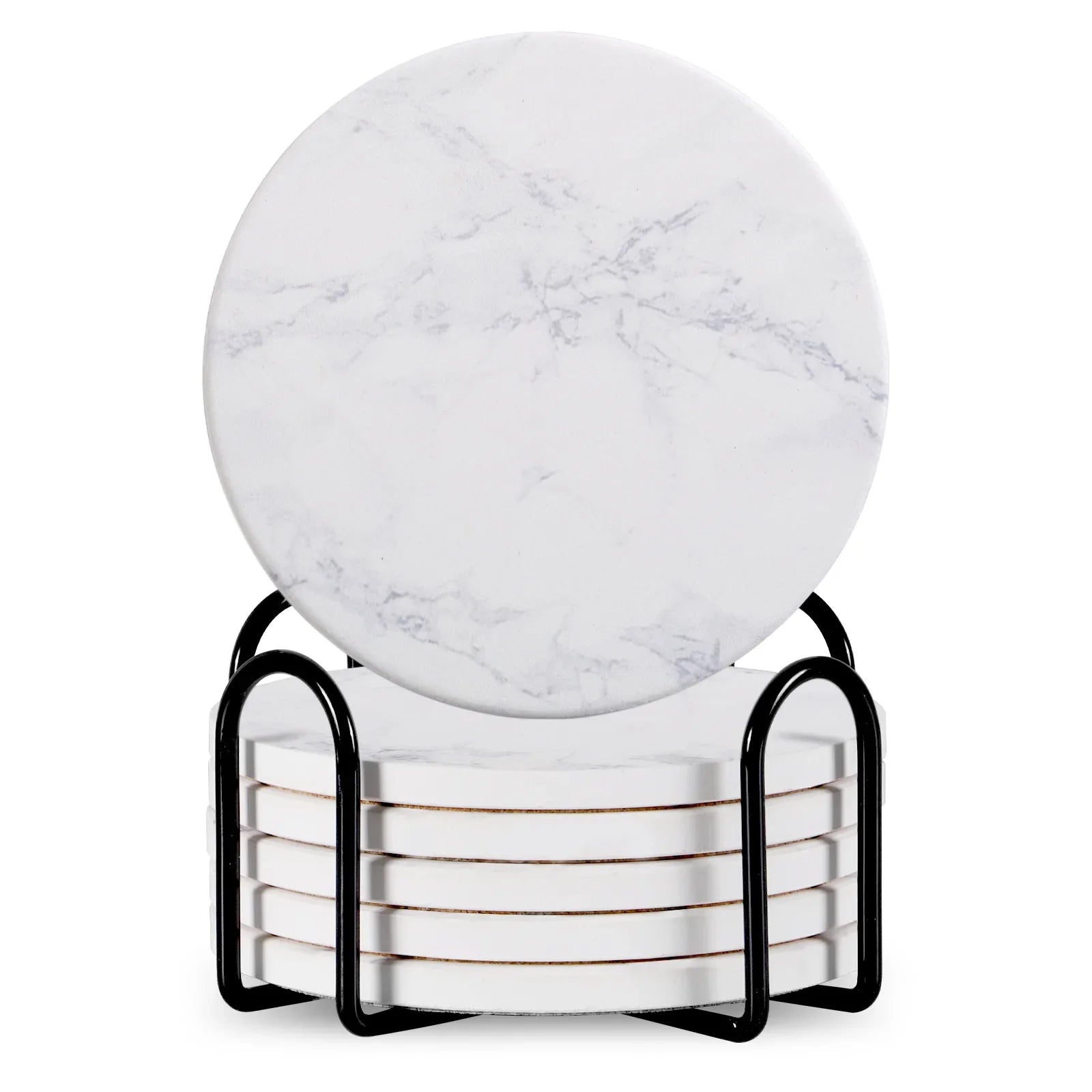 Stylish Set of 6 Round Ceramic Beverage Coasters with Metal Stand - Absorbent Marble Stone Design