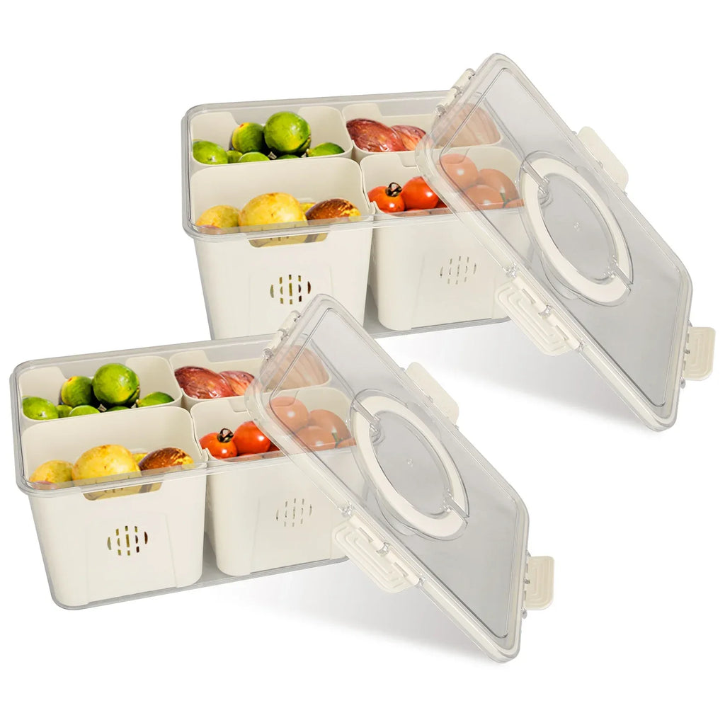 2-Pack Airtight 4-Compartment Fruit & Vegetable Storage Containers with 8 Removable Colanders – Leakproof Fridge & Picnic Organizer Set