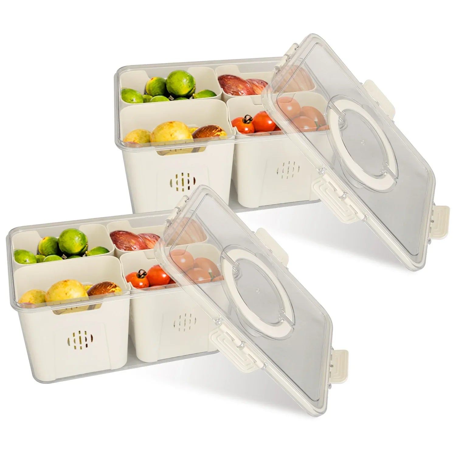 2-Pack Airtight 4-Compartment Fruit & Vegetable Storage Containers with 8 Removable Colanders – Leakproof Fridge & Picnic Organizer Set