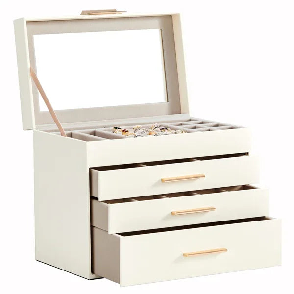Top Visible White Storage Cabinet with 2 Drawers & Pink Velvet Jewelry Box – Home Organization & Jewelry Storage
