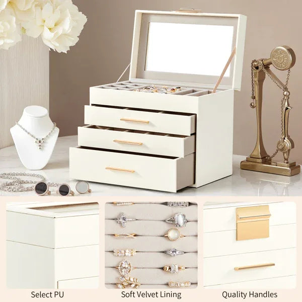 Top Visible White Storage Cabinet with 2 Drawers & Pink Velvet Jewelry Box – Home Organization & Jewelry Storage