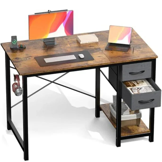 Modern Wooden Computer Desk with Adjustable Drawers & Side Hooks – Study & Workstation Table