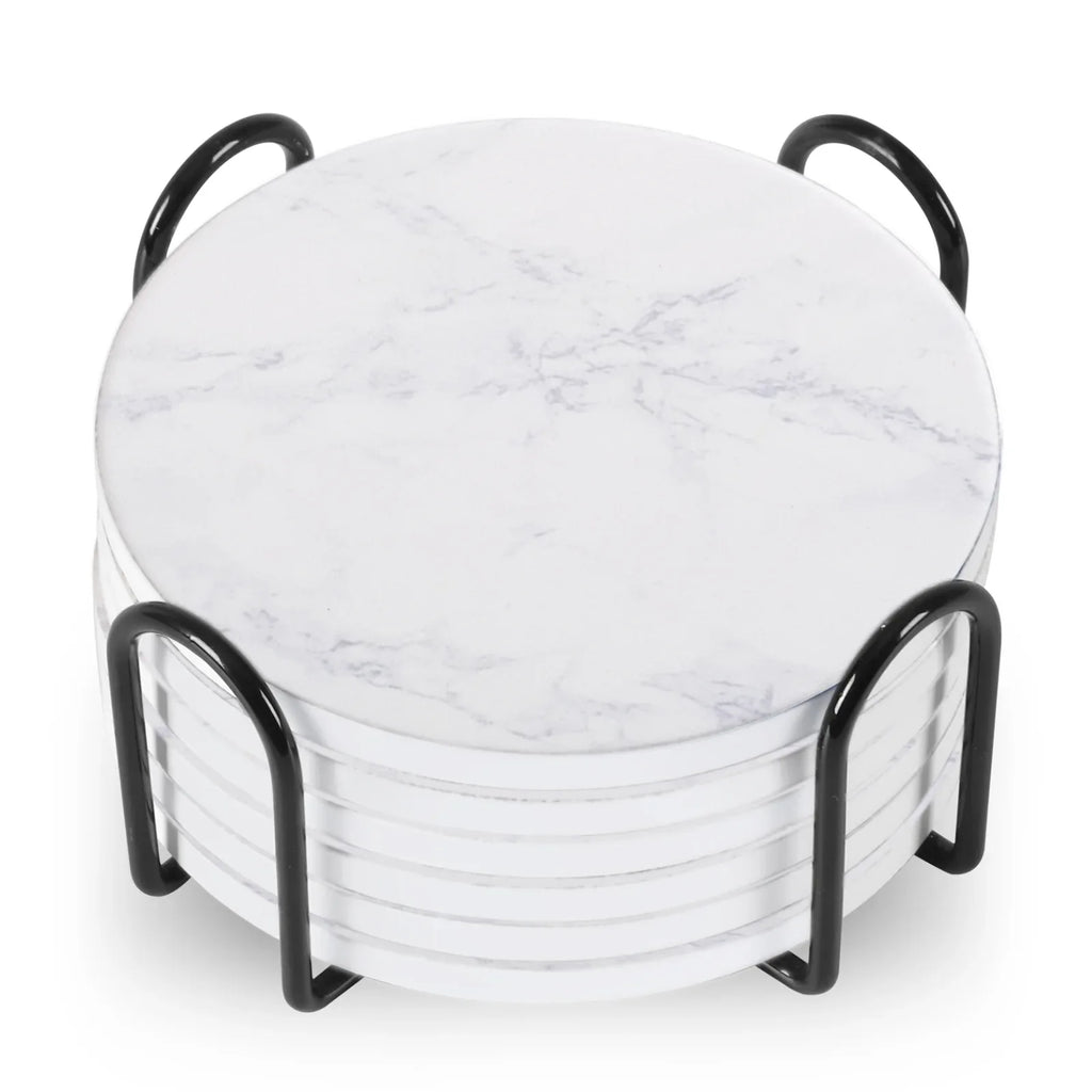 Stylish Set of 6 Round Ceramic Beverage Coasters with Metal Stand - Absorbent Marble Stone Design