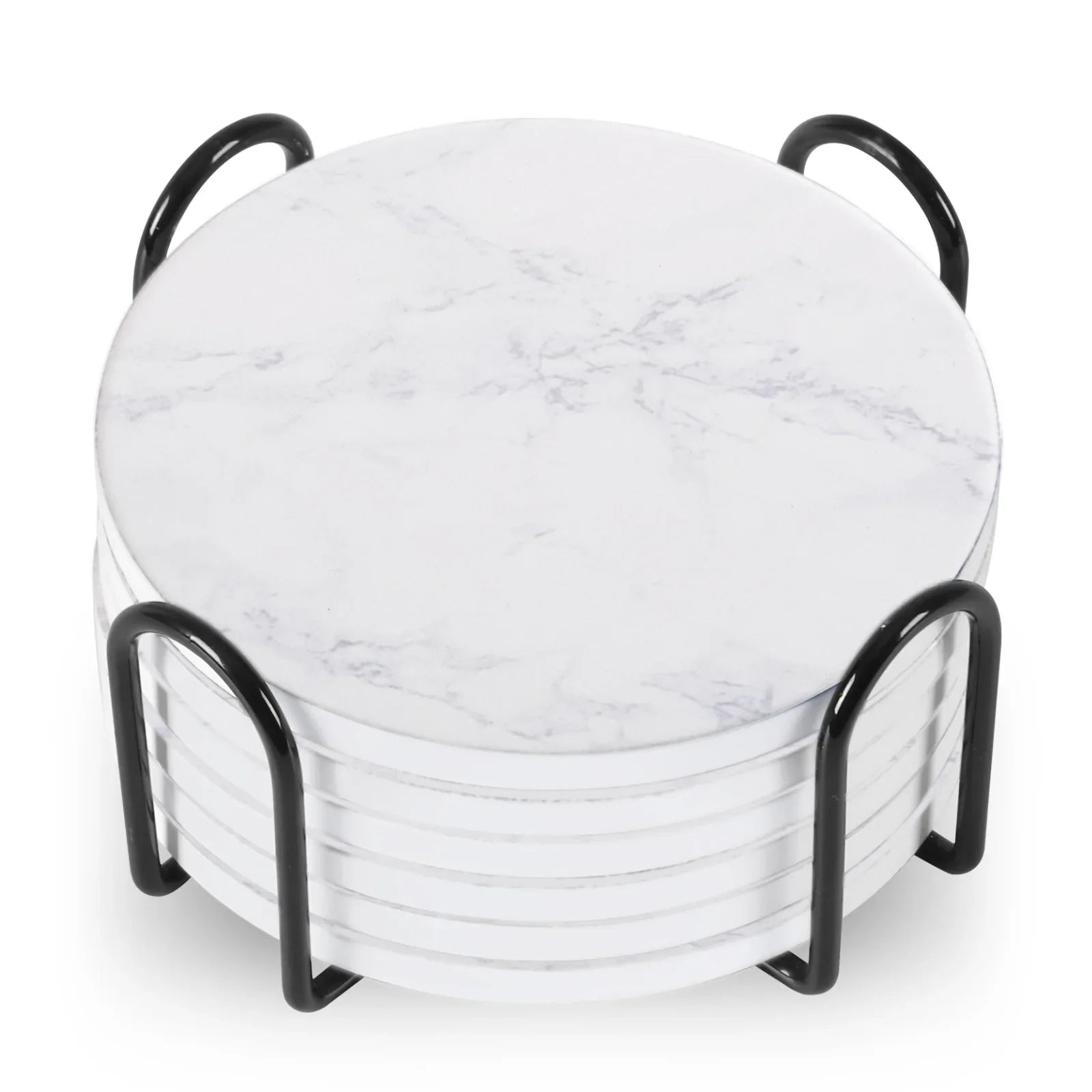 Stylish Set of 6 Round Ceramic Beverage Coasters with Metal Stand - Absorbent Marble Stone Design