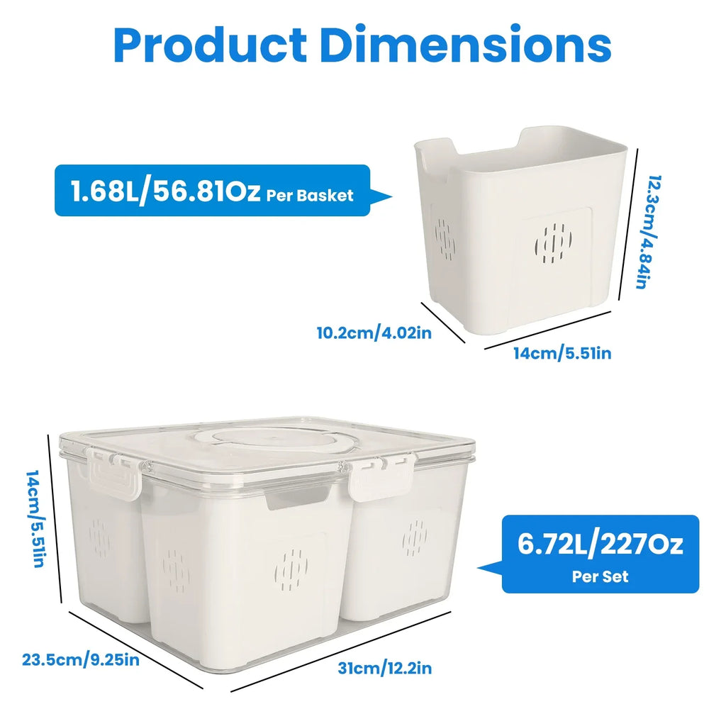 2-Pack Airtight 4-Compartment Fruit & Vegetable Storage Containers with 8 Removable Colanders – Leakproof Fridge & Picnic Organizer Set