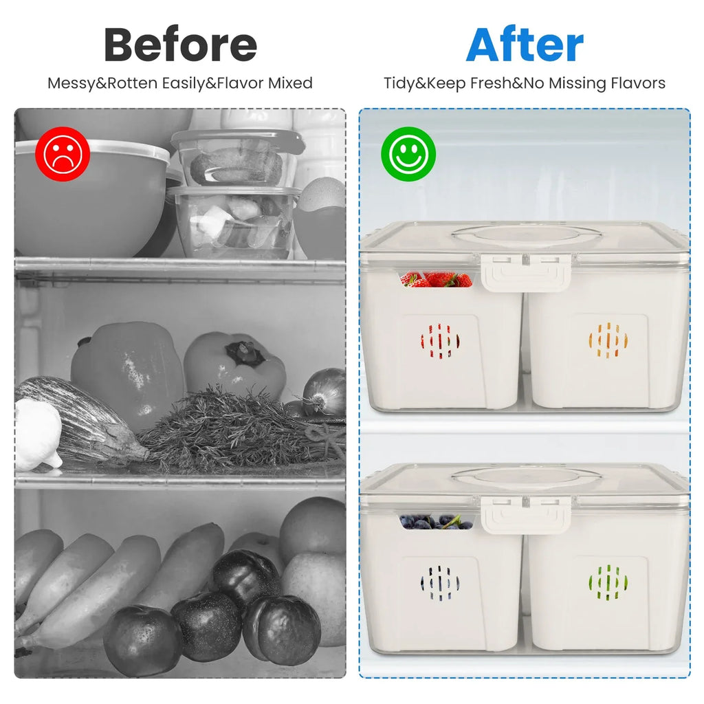 2-Pack Airtight 4-Compartment Fruit & Vegetable Storage Containers with 8 Removable Colanders – Leakproof Fridge & Picnic Organizer Set
